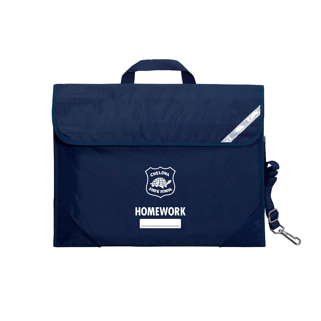 Harlequin Safety Library bag in Navy displaying carry handle, velcro opening, shoulder strap, reflector safety strip, reinforced corners and Chelona State School logo