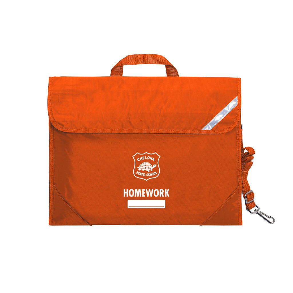 Harlequin Safety Library bag in orange displaying carry handle, velcro opening, shoulder strap, reflector safety strip, reinforced corners and Chelona State School logo