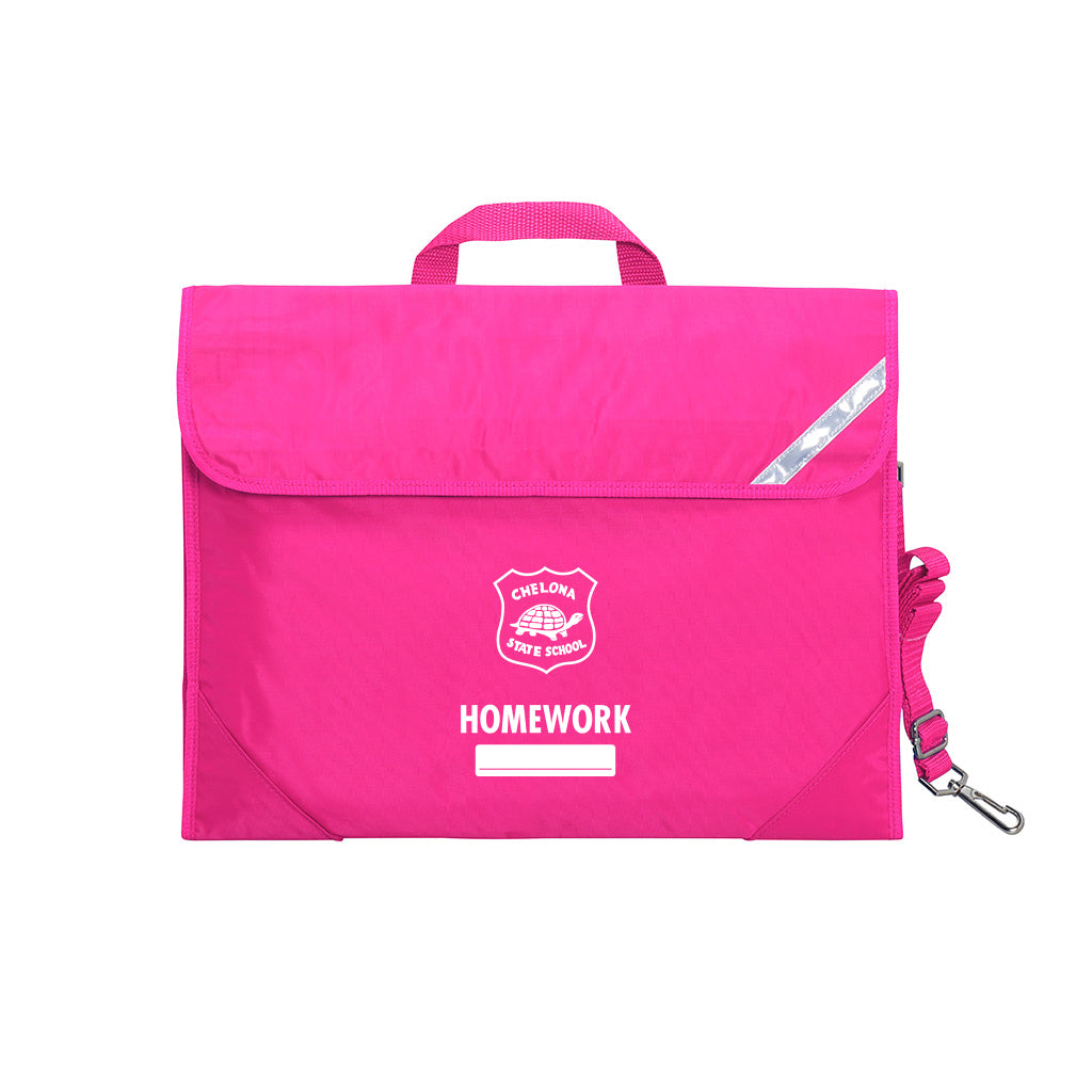 Harlequin Safety Library bag in pink displaying carry handle, velcro opening, shoulder strap, reflector safety strip, reinforced corners and Chelona State School logo