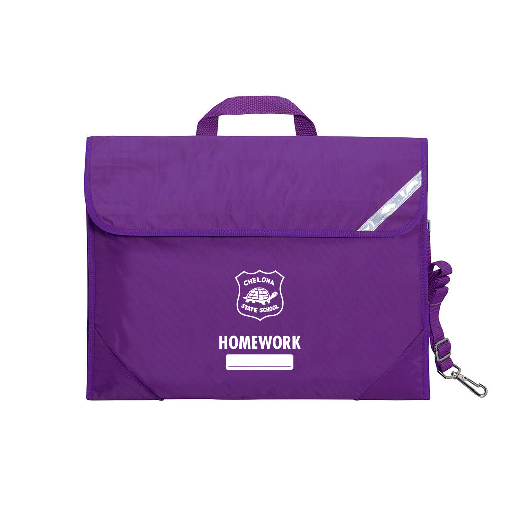 Harlequin Safety Library bag in purple displaying carry handle, velcro opening, shoulder strap, reflector safety strip, reinforced corners and Chelona State School logo