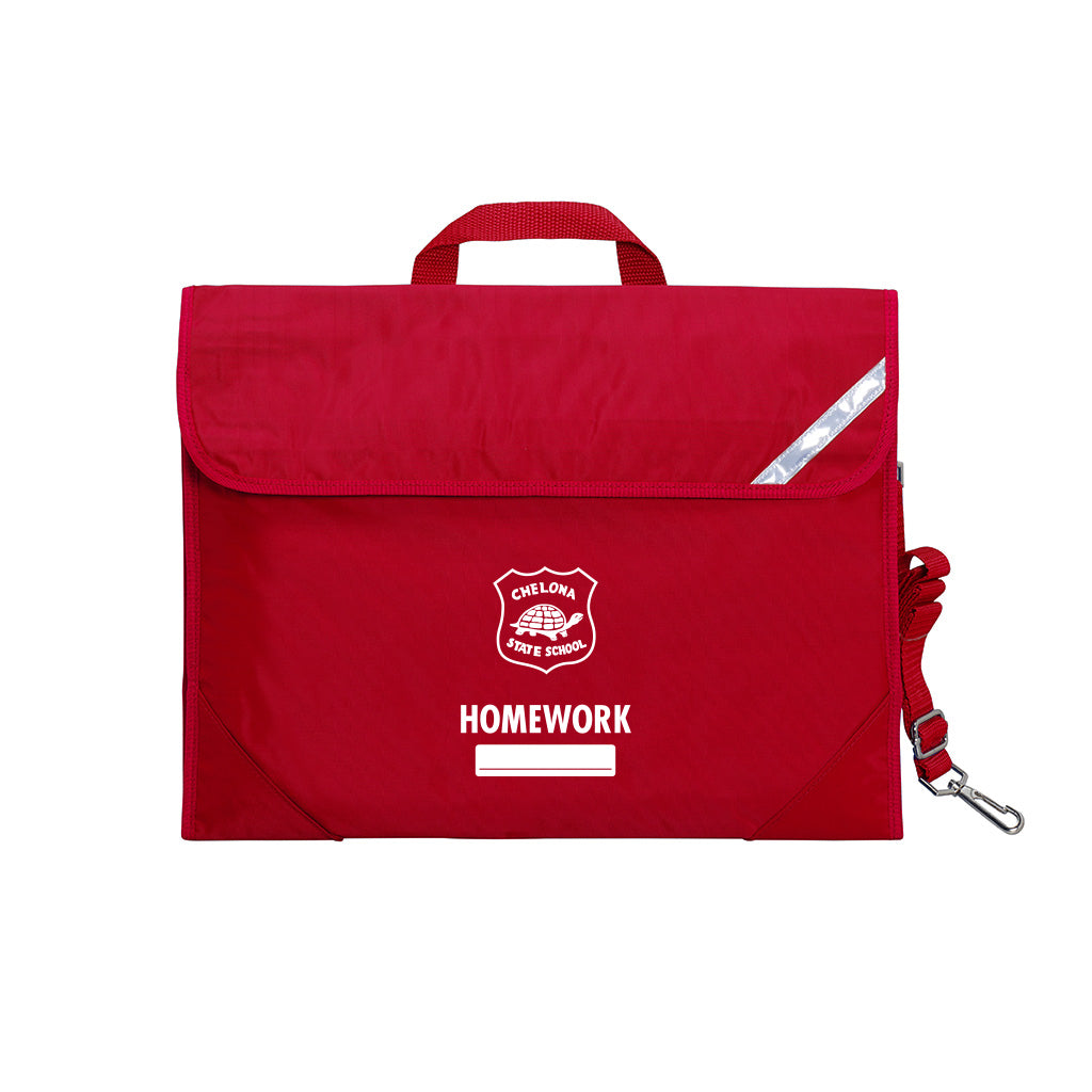 Harlequin Safety Library bag in Red displaying carry handle, velcro opening, shoulder strap, reflector safety strip, reinforced corners and Chelona State School logo