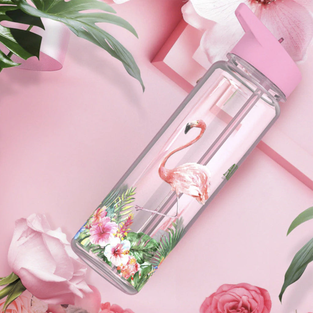 BPA FREE Clear Water bottle with pink straw and lid with a pink flamingo Aloha design