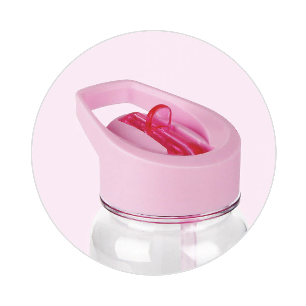 Close up image of BPA FREE Clear Water bottle with pink straw and lid