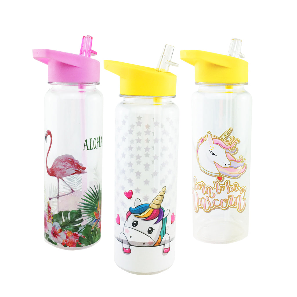 Collection of 3 Clear Water bottles with pink or yellow lid and straw flamingo and unicorn designs