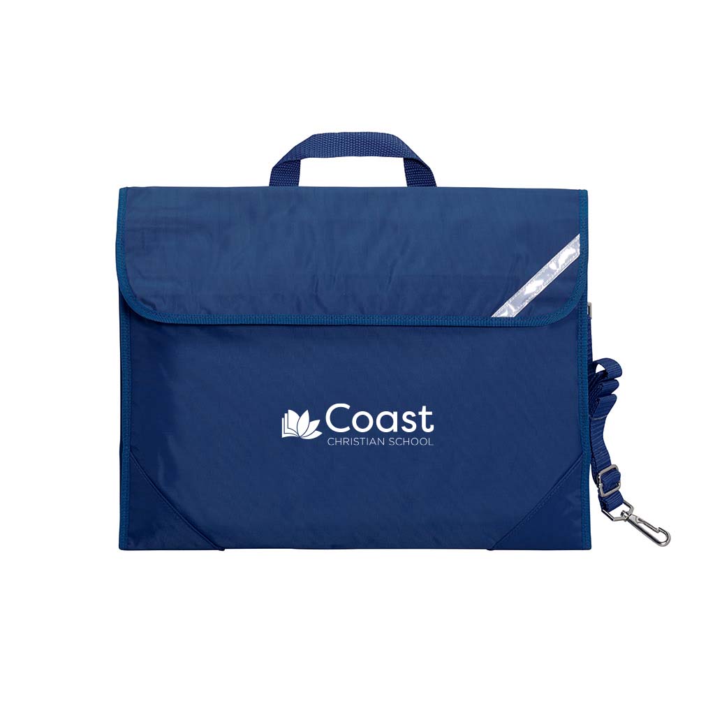 Harlequin Safety Library bag in Navy displaying carry handle, velcro opening, shoulder strap, reflector safety strip, reinforced corners and Coast Christian School logo