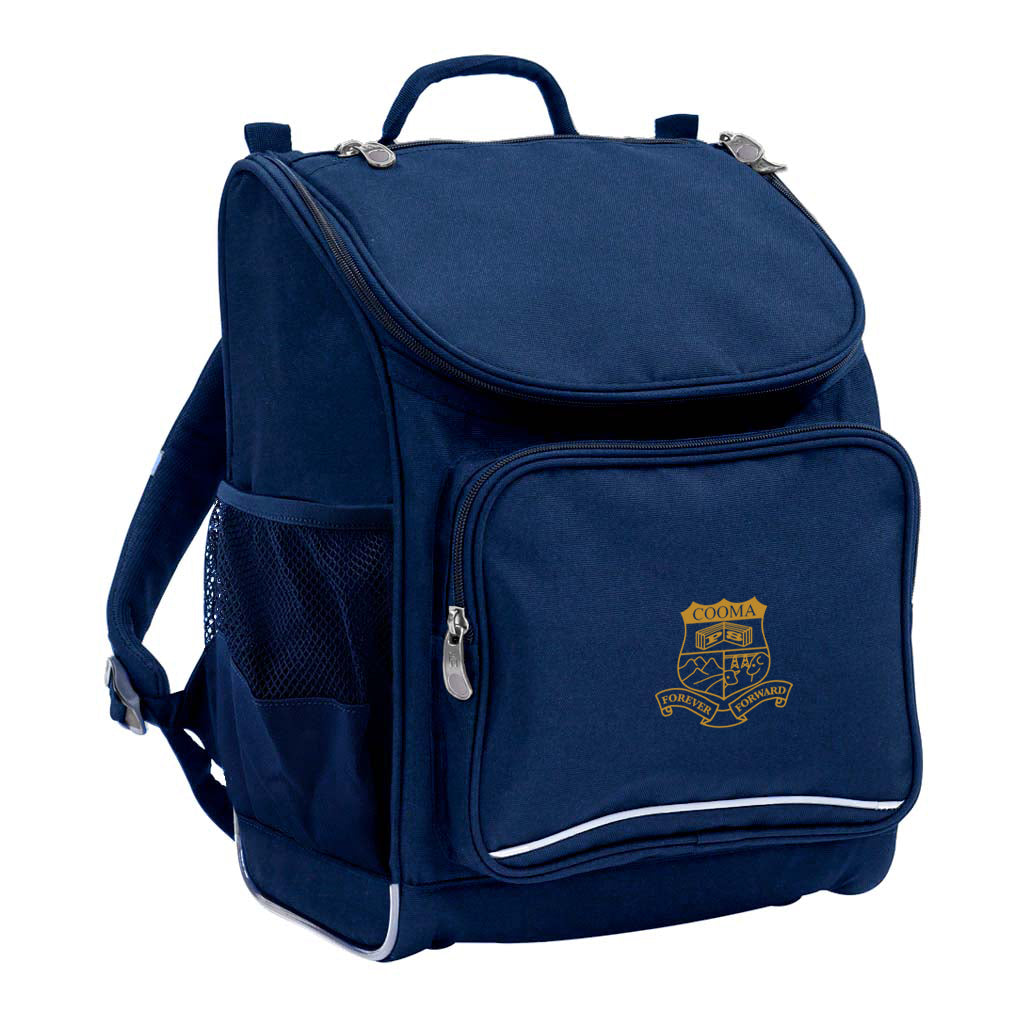 Mighty backpack in colour Navy, front side angle displaying carry handle, padded shoulder straps, top zipper compartment, front zipper pocket and mesh water bottle holder with Cooma Public School logo