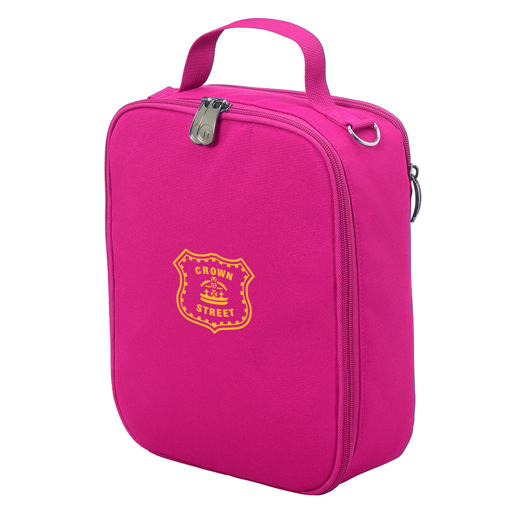 Harlequin lunch bag in pink colour front side angle displaying carry handle, durable water repellent material with Crown Street Public School logo