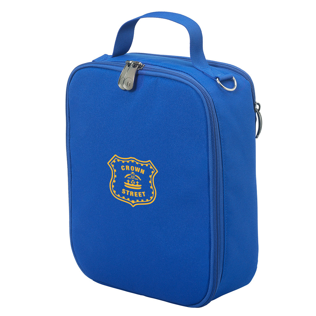 Harlequin lunch bag in royal blue colour front side angle displaying carry handle, durable water repellent material with Crown Street Public School logo