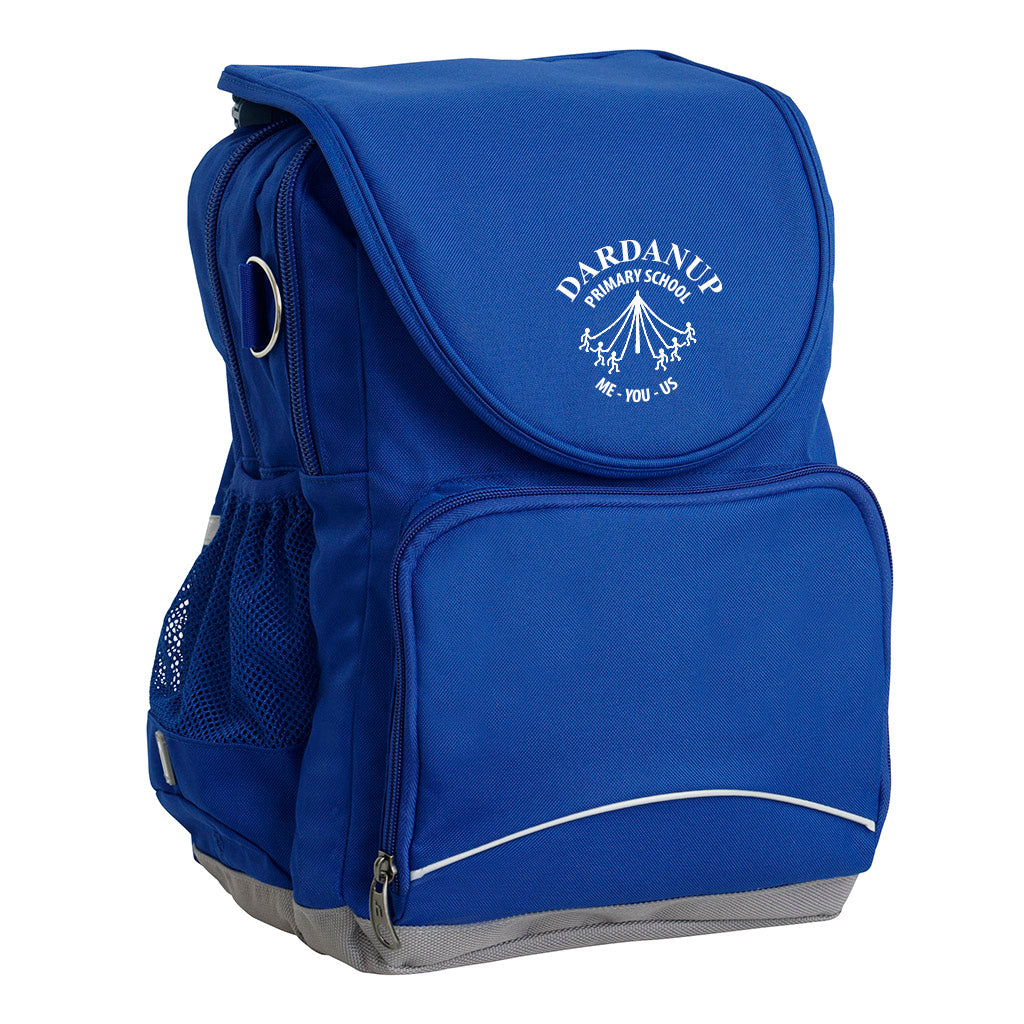 Dardanup Primary School Ergo Tuff-Pack backpack Royal. Front side angle, padded shoulder straps, two zipper compartments, front zipper pocket, D-Ring and mesh water bottle.