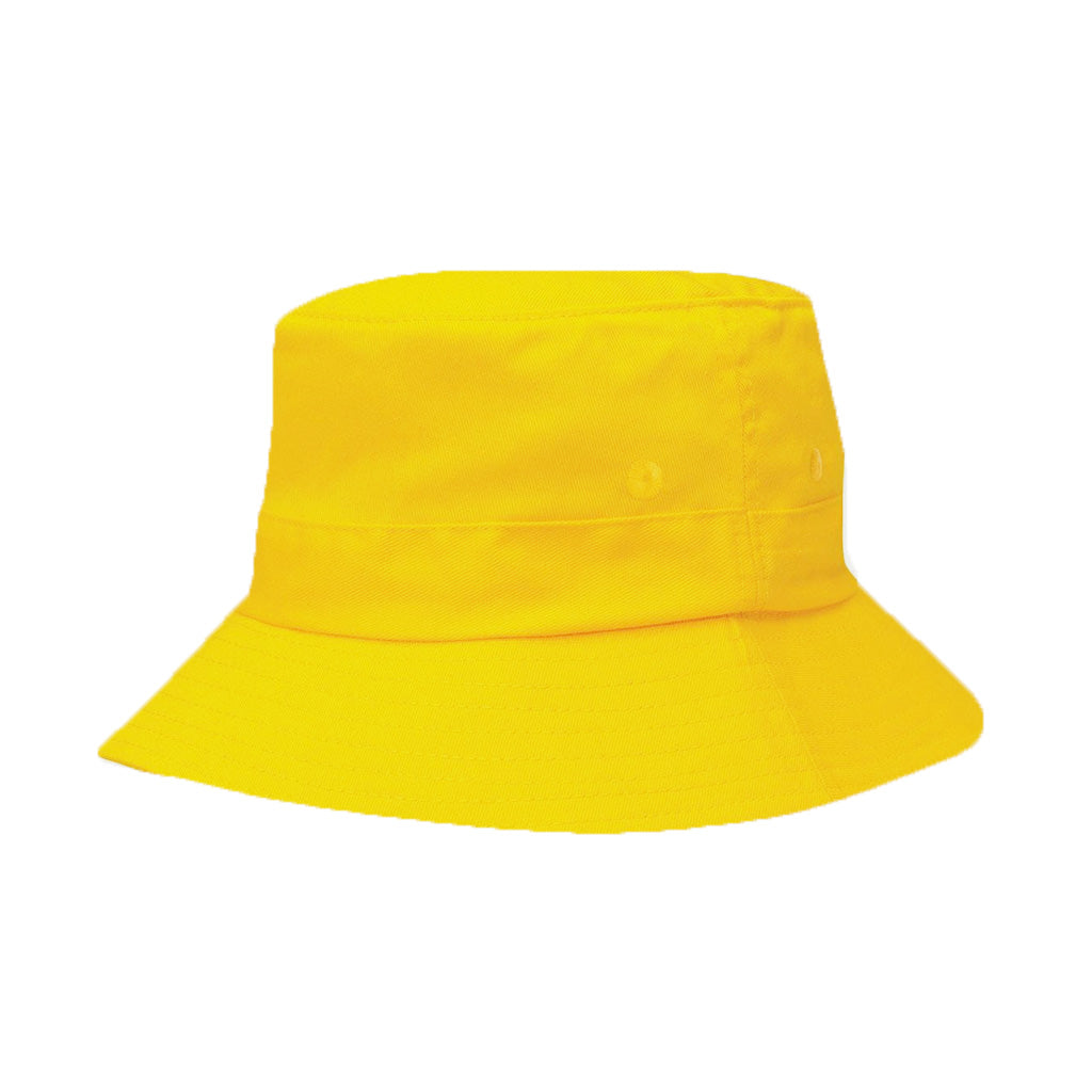 Harlequin yellow kindy bucket hat displaying a soft cotton with a wide downwards sloping brim