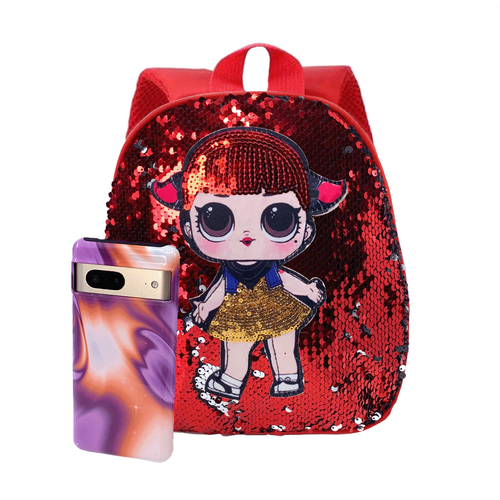 Disco Doll Sequins Mini Backpack in Red - front view with phone