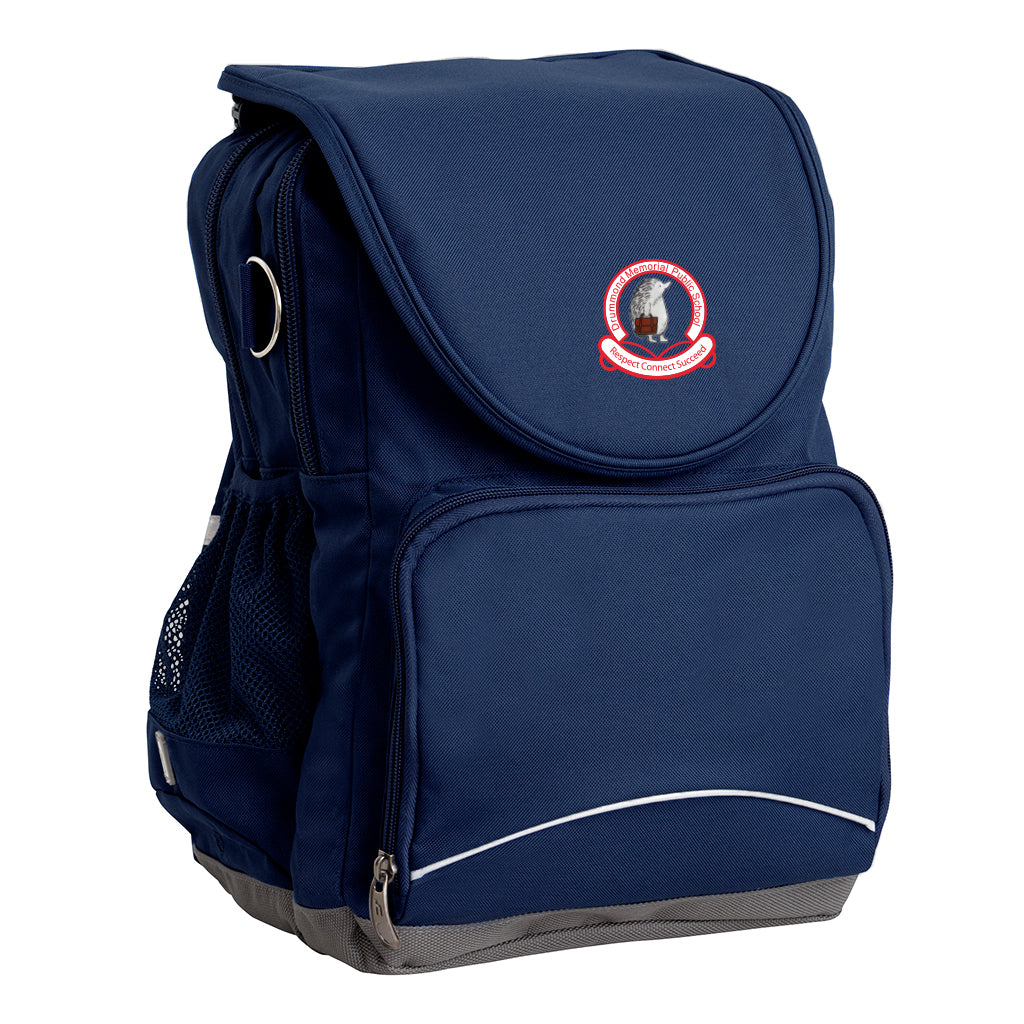 Drummond Memorial Public School Ergo Tuff-Pack backpack Navy. Front side angle, padded shoulder straps, two zipper compartments, front zipper pocket, D-Ring and mesh water bottle.