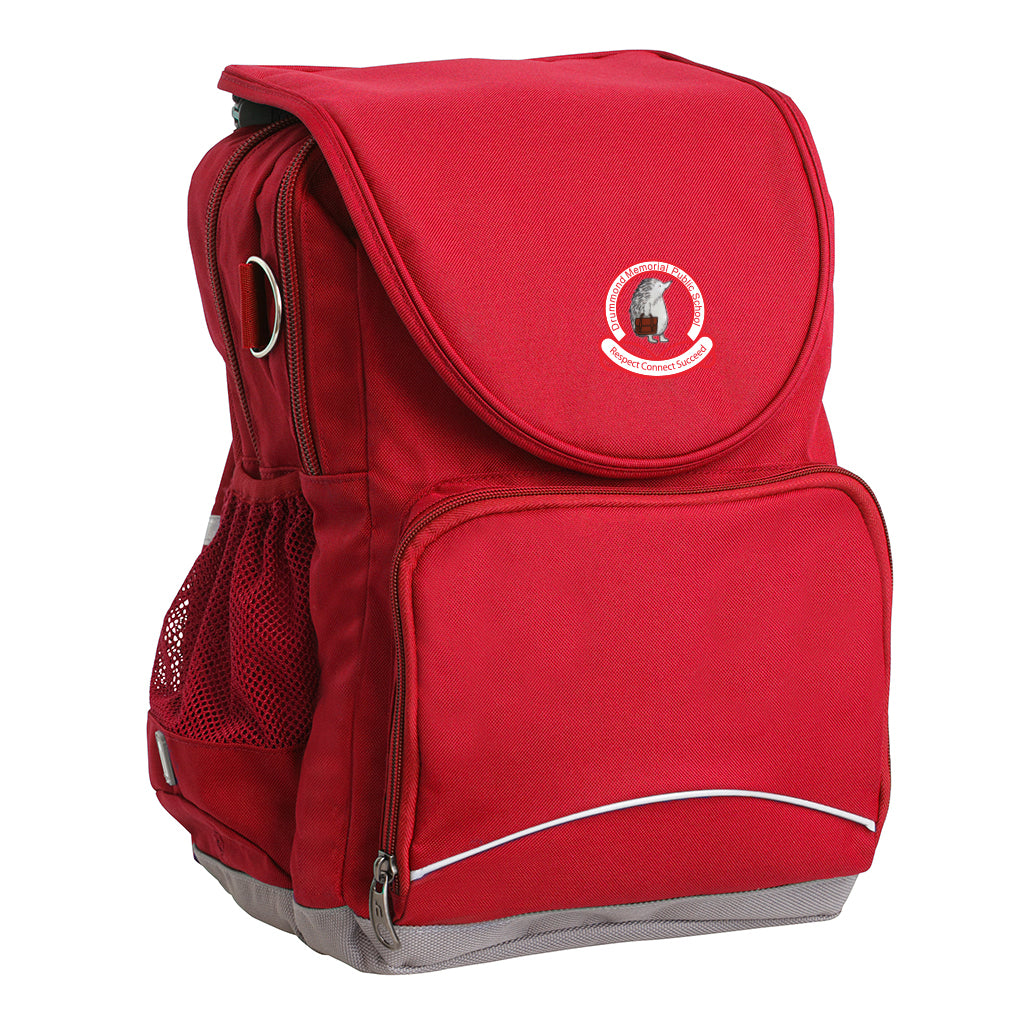 Drummond Memorial Public School Ergo Tuff-Pack backpack Red. Front side angle, padded shoulder straps, two zipper compartments, front zipper pocket, D-Ring and mesh water bottle.