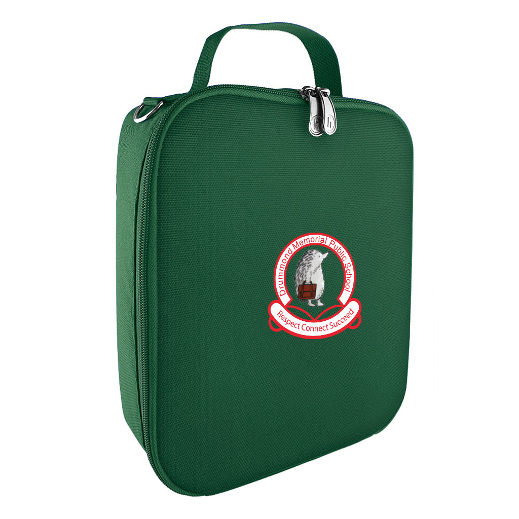 Harlequin lunch bag in green colour front side angle displaying carry handle, durable water repellent material with Drummond Memorial Public School logo