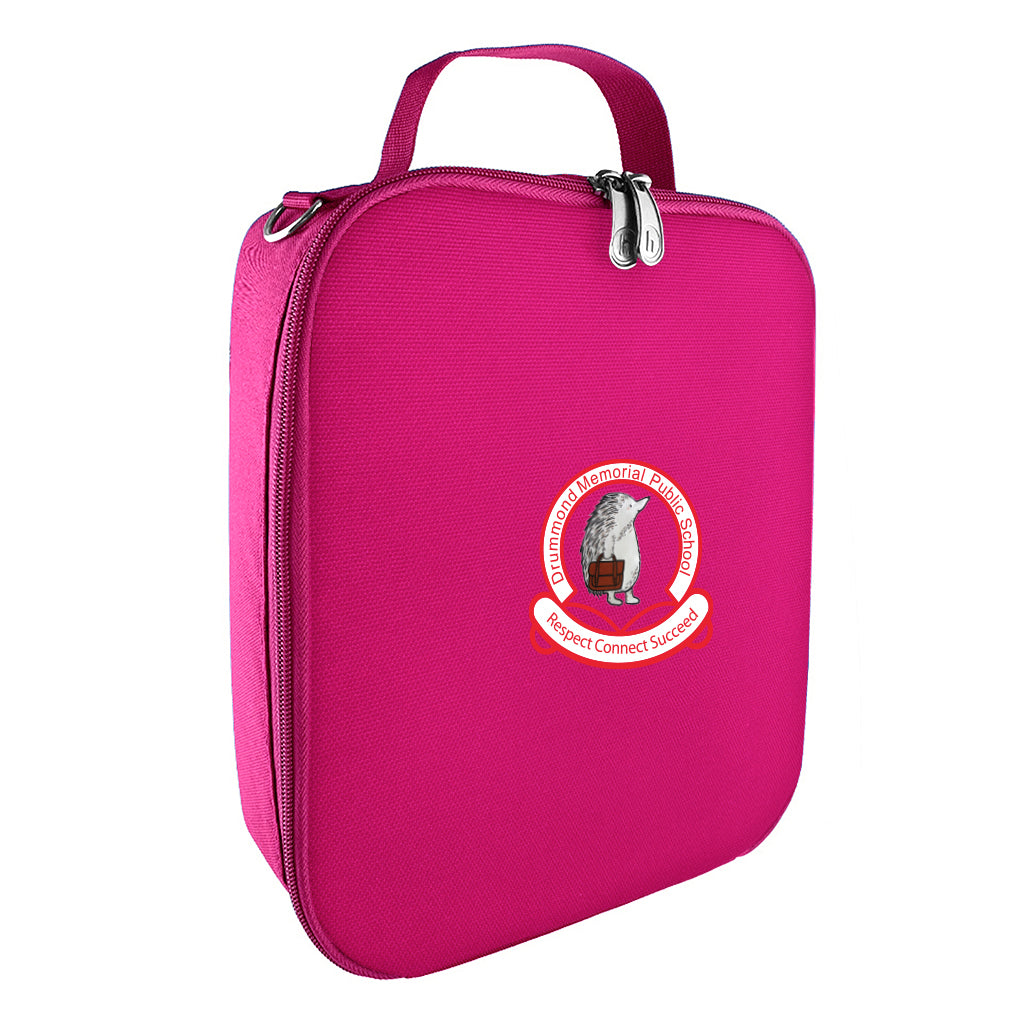 Harlequin lunch bag in pink colour front side angle displaying carry handle, durable water repellent material with Drummond Memorial Public School logo
