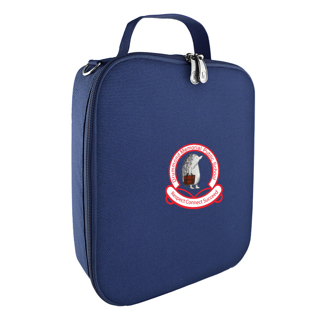 Harlequin lunch bag in navy colour front side angle displaying carry handle, durable water repellent material with Drummond Memorial Public School logo
