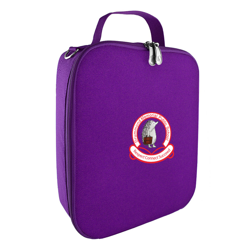 Harlequin lunch bag in purple colour front side angle displaying carry handle, durable water repellent material with Drummond Memorial Public School logo