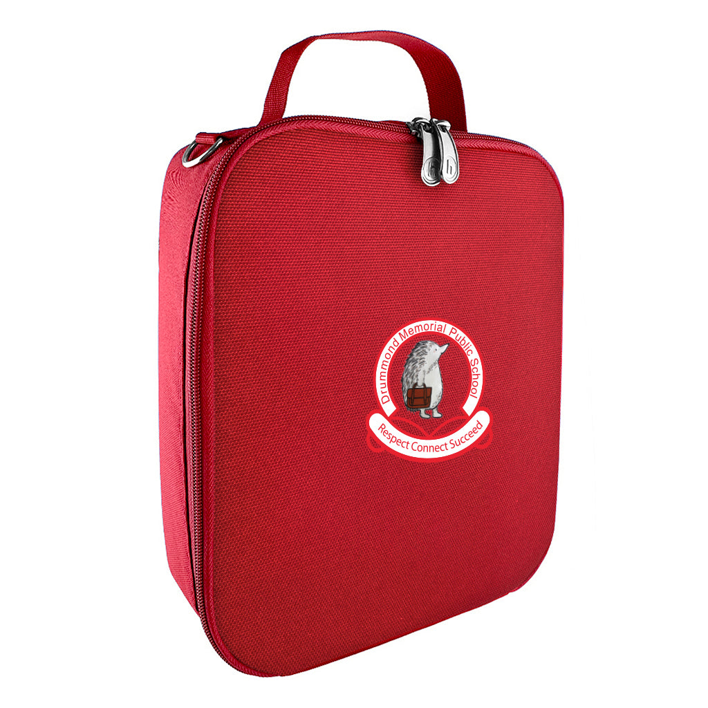 Harlequin lunch bag in red colour front side angle displaying carry handle, durable water repellent material with Drummond Memorial Public School logo
