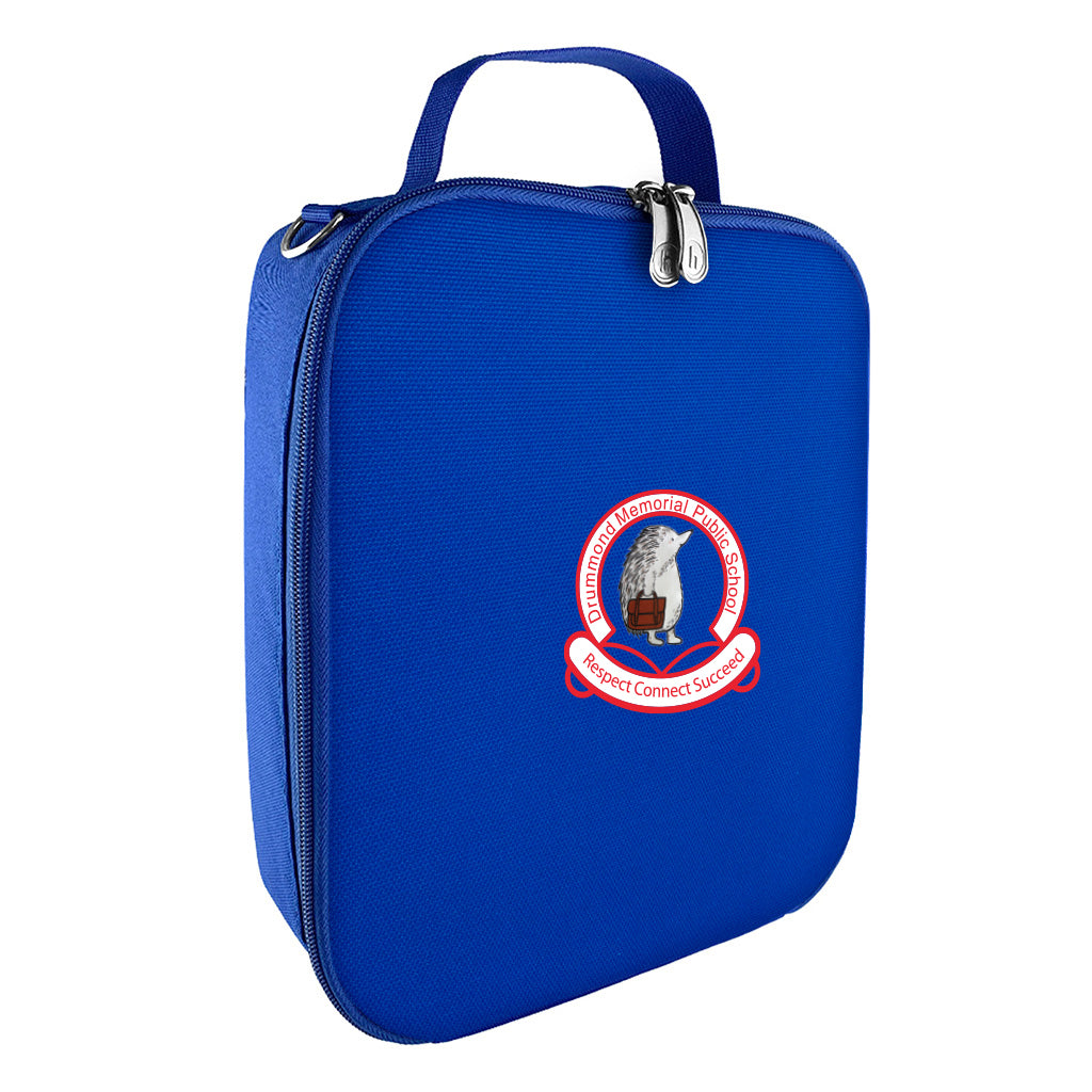 Harlequin lunch bag in royal blue colour front side angle displaying carry handle, durable water repellent material with Drummond Memorial Public School logo