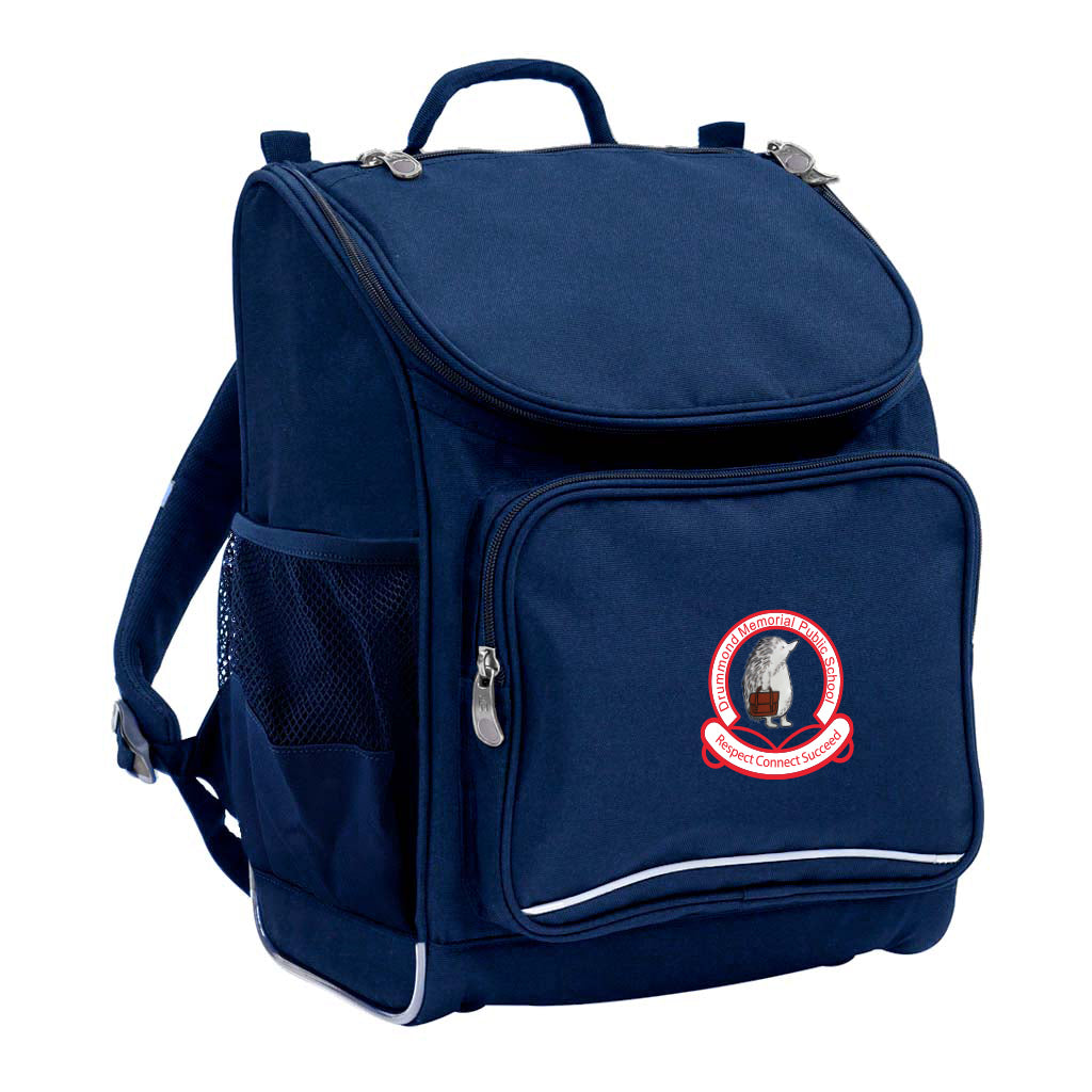 Mighty backpack in colour navy, front side angle displaying carry handle, padded shoulder straps, top zipper compartment, front zipper pocket and mesh water bottle holder with Drummond Memorial Public School logo