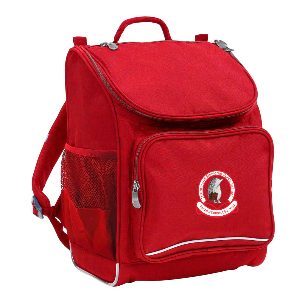 Mighty backpack in colour Red, front side angle displaying carry handle, padded shoulder straps, top zipper compartment, front zipper pocket and mesh water bottle holder with Drummond Memorial Public School logo