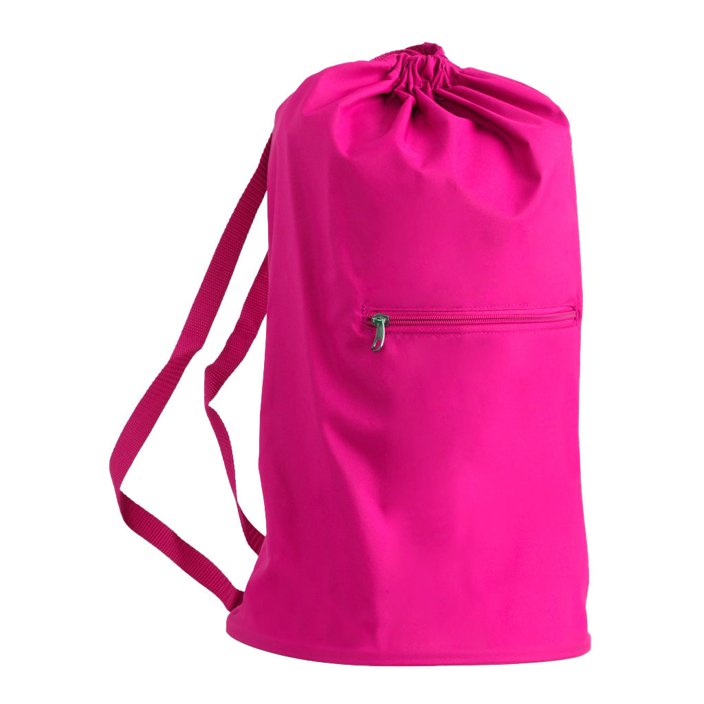 Harlequin hot pink eco elite side view displaying draw string opening, shoulder straps and front pocket