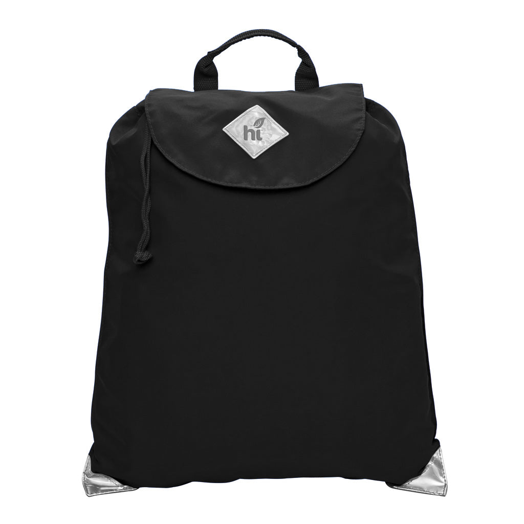 Harlequin black eco excursion dance bag front angle view displaying handle, velcro fastening with drawstring toggle and reflective safety corners