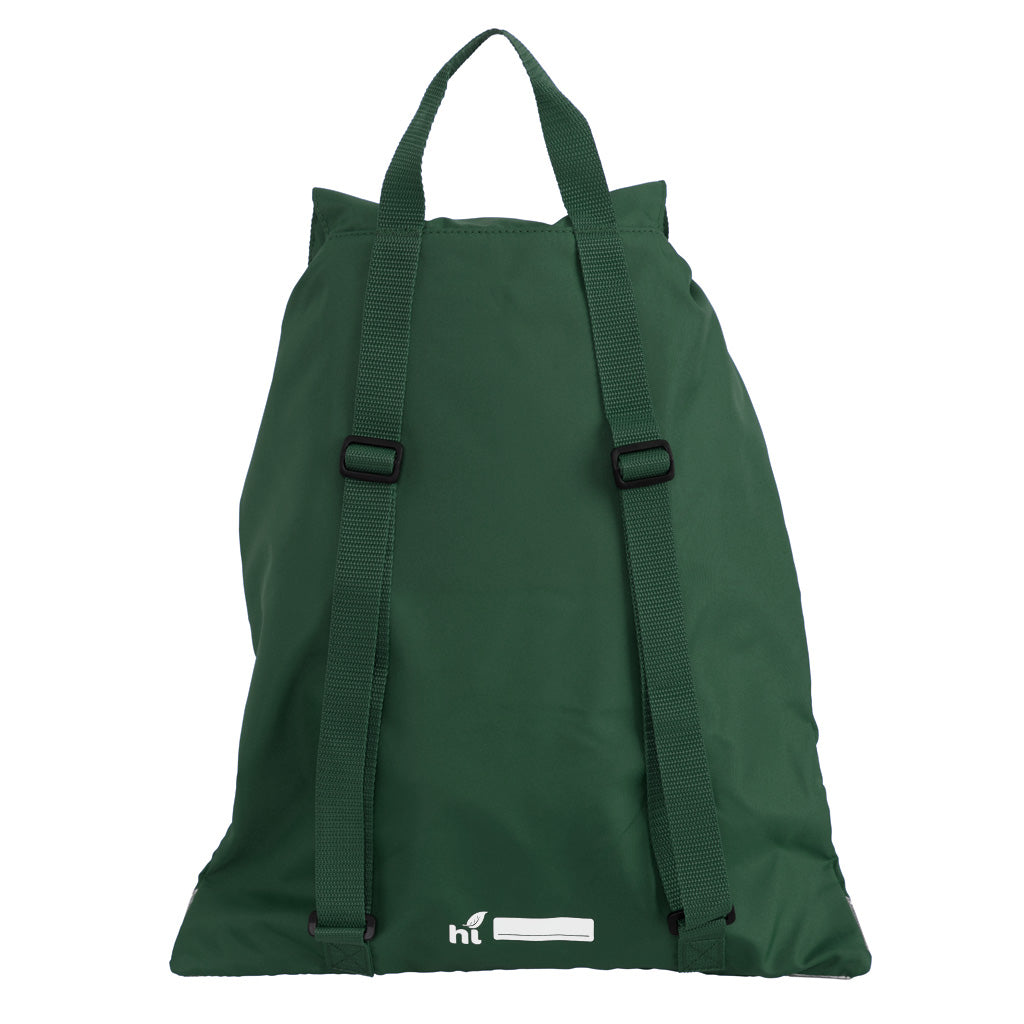Harlequin green eco excursion bag back angle view displaying handle, adjustable shoulder straps and name bar