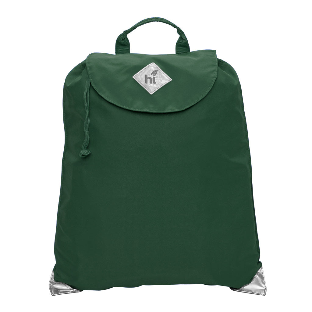 Harlequin green eco excursion dance bag front angle view displaying handle, velcro fastening with drawstring toggle and reflective safety corners