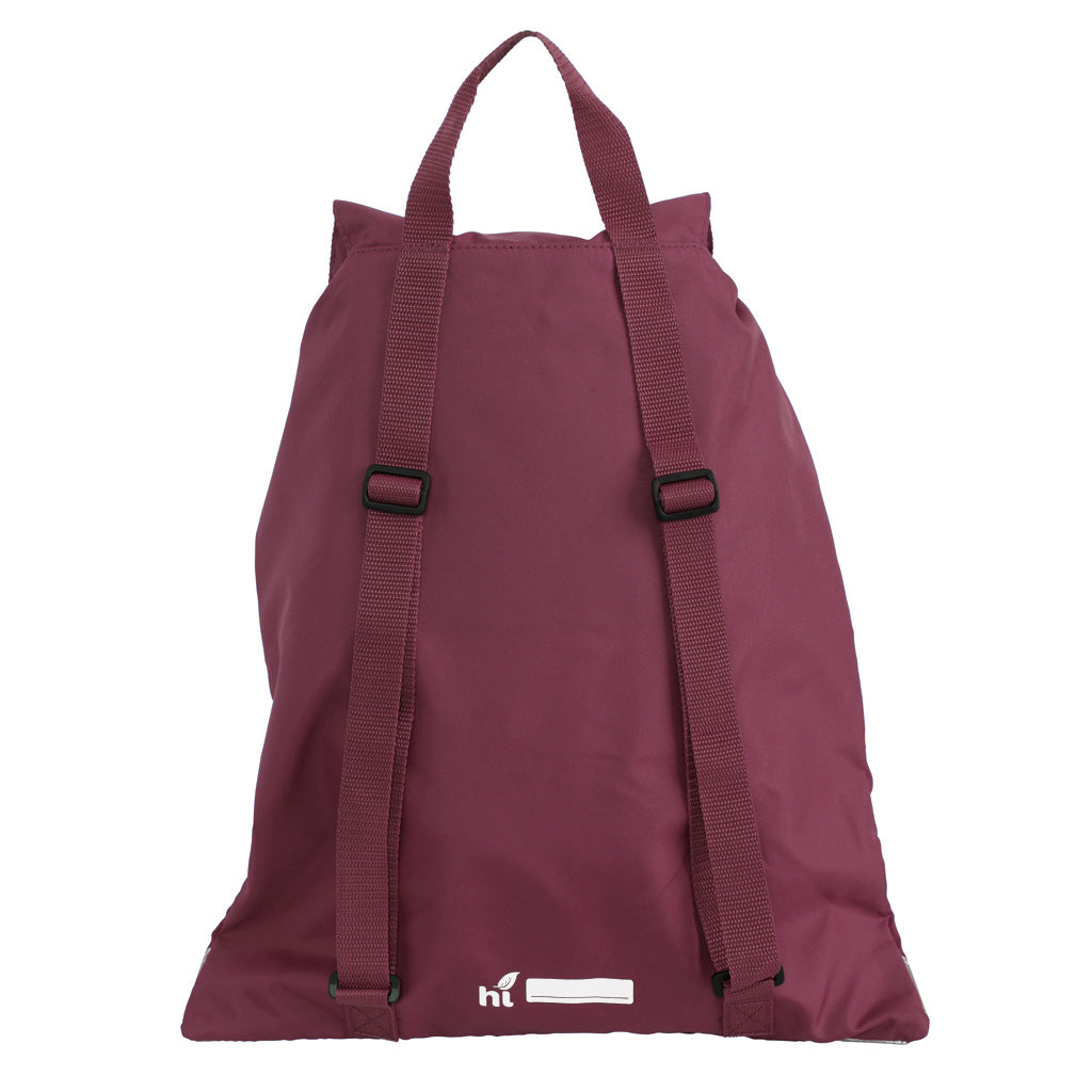 Harlequin maroon eco excursion bag front angle view displaying handle, velcro fastening with drawstring toggle, reflective safety corners and Hope Christian logo