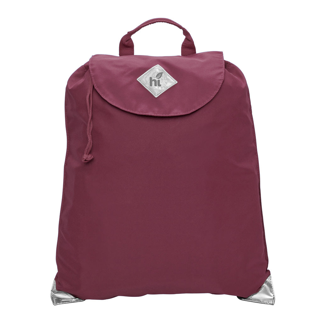 Harlequin maroon eco excursion dance bag front angle view displaying handle, velcro fastening with drawstring toggle and reflective safety corners