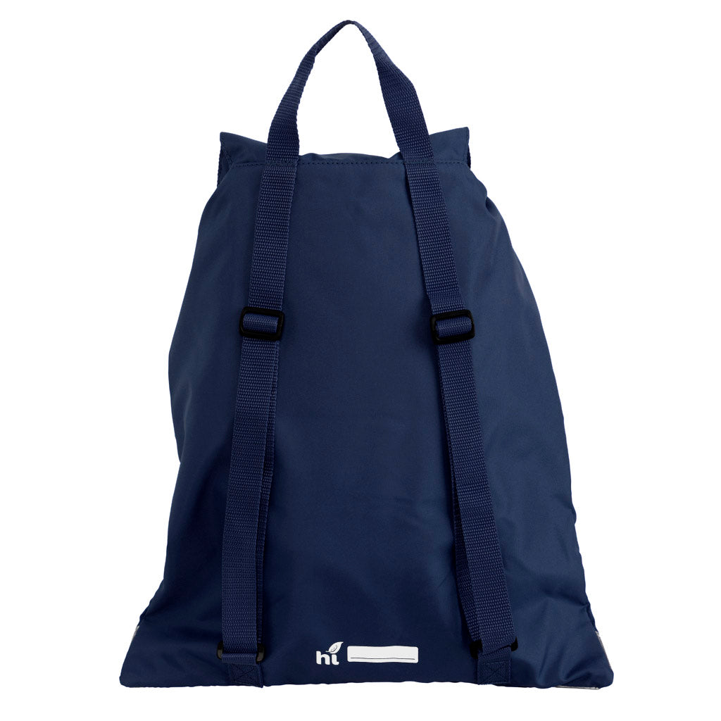 Harlequin navy eco excursion bag back angle view displaying handle, adjustable shoulder straps and name bar