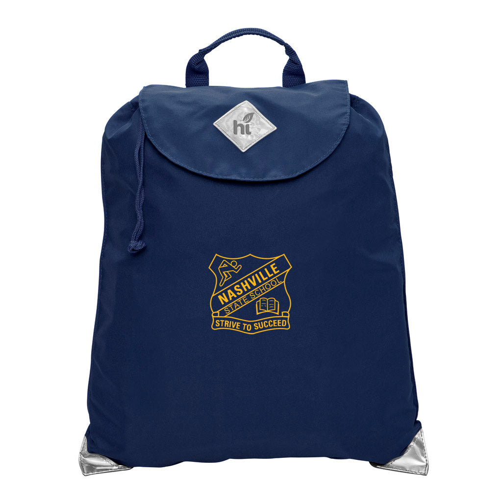 Harlequin royal eco excursion bag front angle view displaying handle, velcro fastening with drawstring toggle and reflective safety corners and personalisation