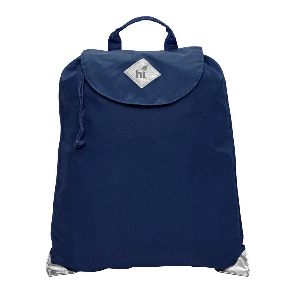 Harlequin navy eco excursion dance bag front angle view displaying handle, velcro fastening with drawstring toggle and reflective safety corners