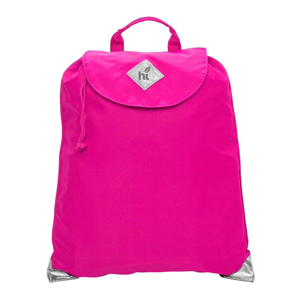 Harlequin hot pink eco excursion dance bag front angle view displaying handle, velcro fastening with drawstring toggle and reflective safety corners