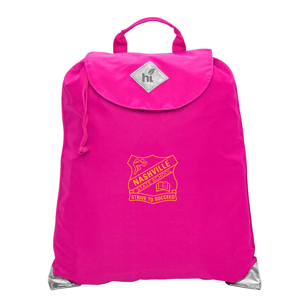 Harlequin hot pink eco excursion dance bag front angle view displaying handle, velcro fastening with drawstring toggle and reflective safety corners