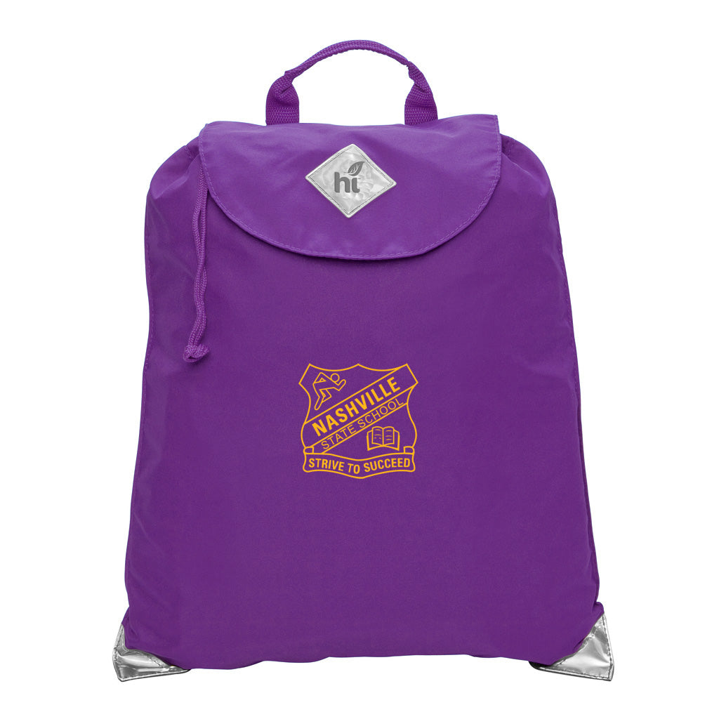 Harlequin purple eco excursion dance bag front angle view displaying handle, velcro fastening with drawstring toggle and reflective safety corners