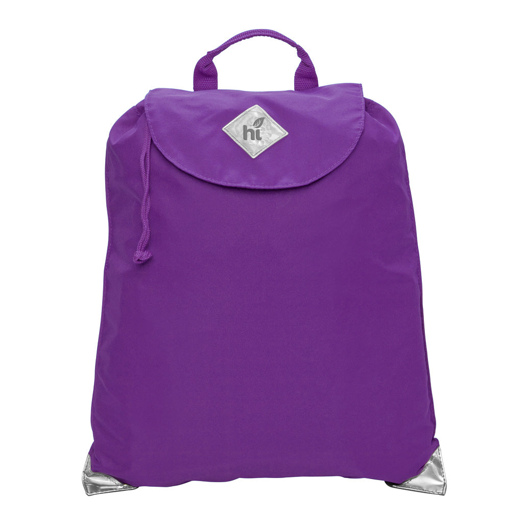 Harlequin purple eco excursion dance bag front angle view displaying handle, velcro fastening with drawstring toggle and reflective safety corners