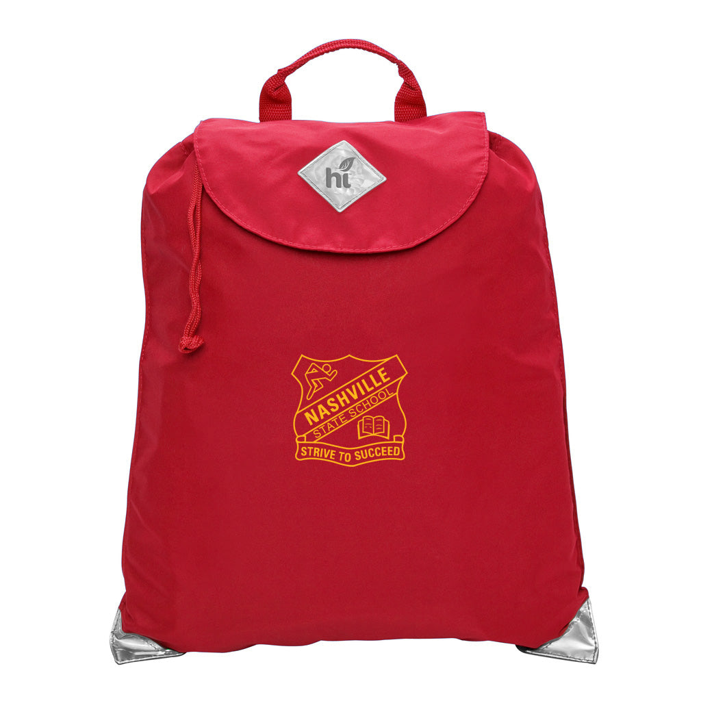 Harlequin red eco excursion dance bag front angle view displaying handle, velcro fastening with drawstring toggle and reflective safety corners