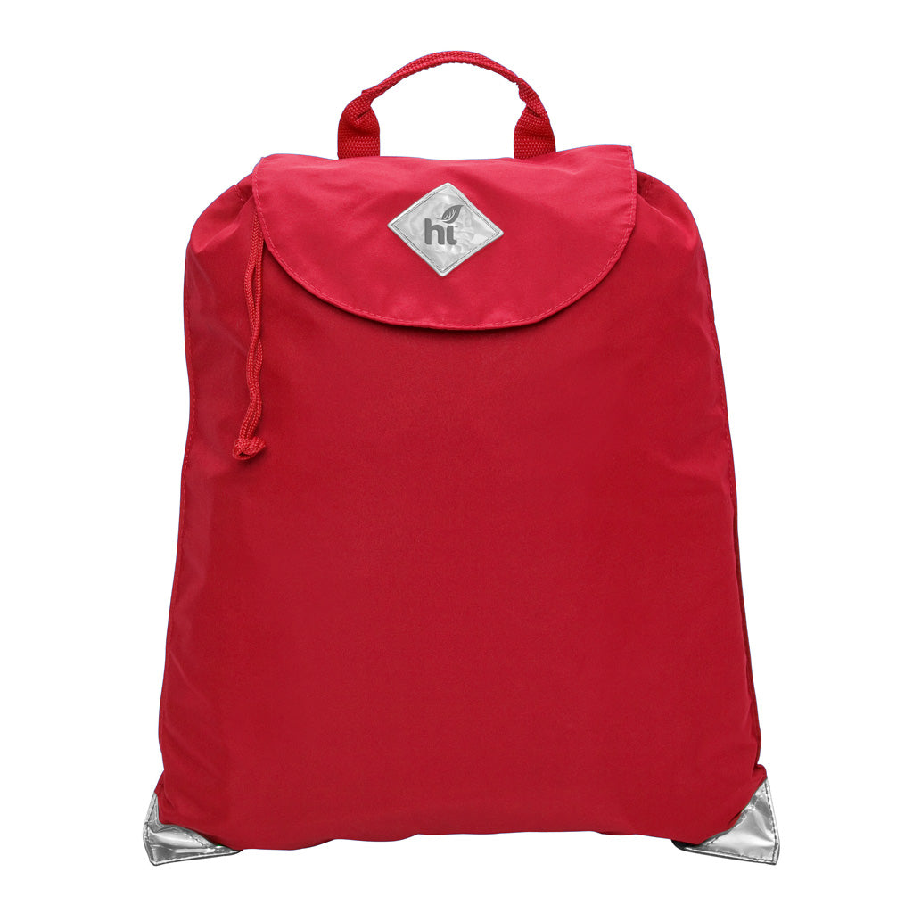 Harlequin red eco excursion dance bag front angle view displaying handle, velcro fastening with drawstring toggle and reflective safety corners