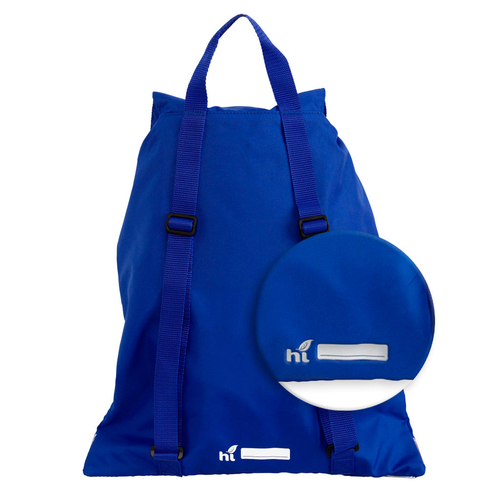 Harlequin royal eco excursion bag back angle view displaying handle, adjustable shoulder straps and name bar