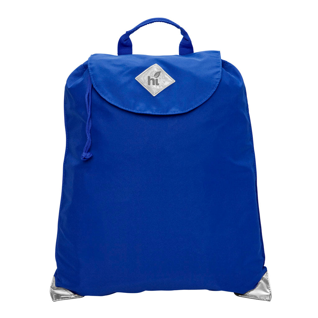 Harlequin royal eco excursion dance bag front angle view displaying handle, velcro fastening with drawstring toggle and reflective safety corners