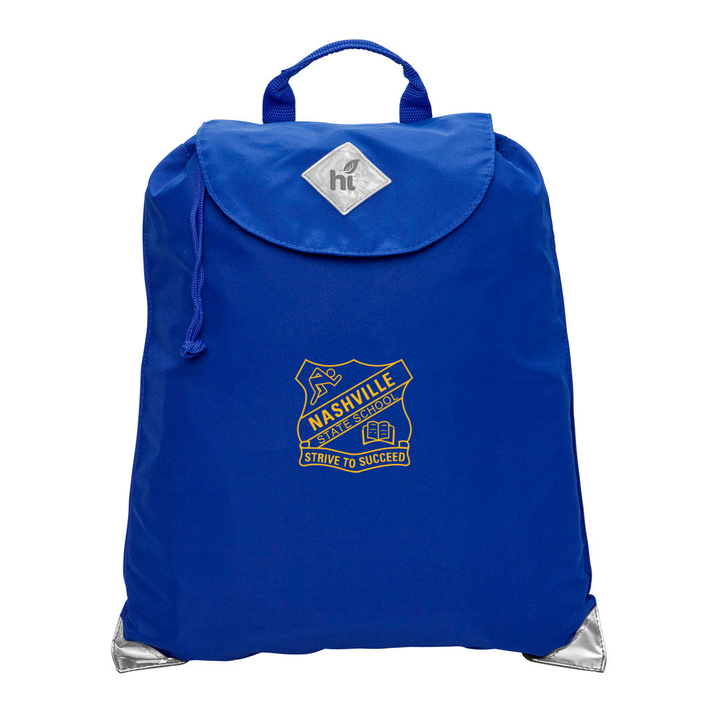 Harlequin royal eco excursion dance bag front angle view displaying handle, velcro fastening with drawstring toggle and reflective safety corners