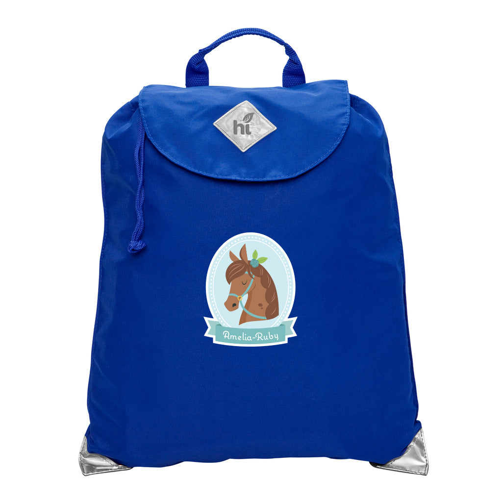 Harlequin royal eco excursion bag front angle view displaying handle, velcro fastening with drawstring toggle and reflective safety corners and personalisation
