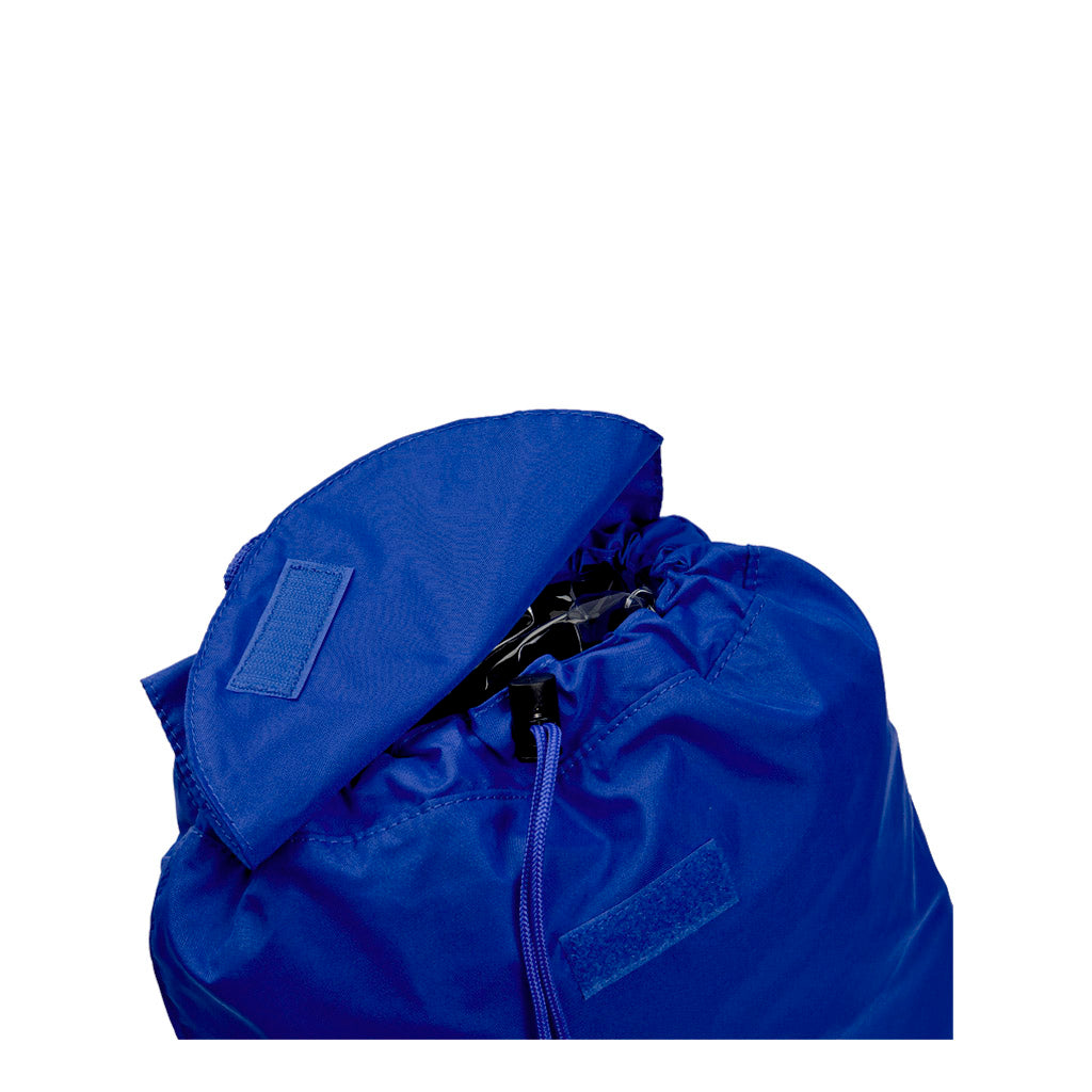 Harlequin royal eco excursion bag front open view displaying velcro fastening with drawstring toggle and internal zipper pocket