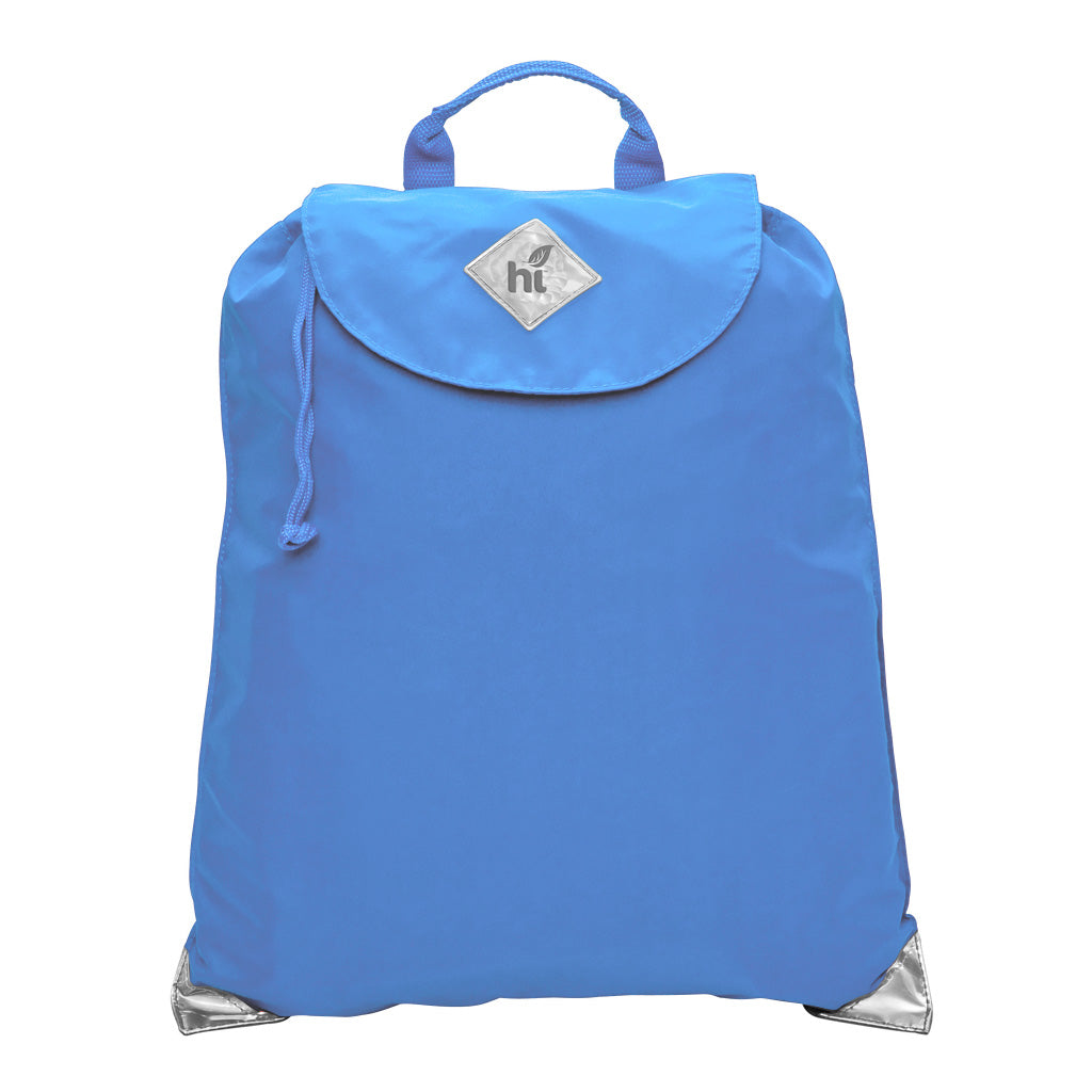 Harlequin sky blue eco excursion dance bag front angle view displaying handle, velcro fastening with drawstring toggle and reflective safety corners