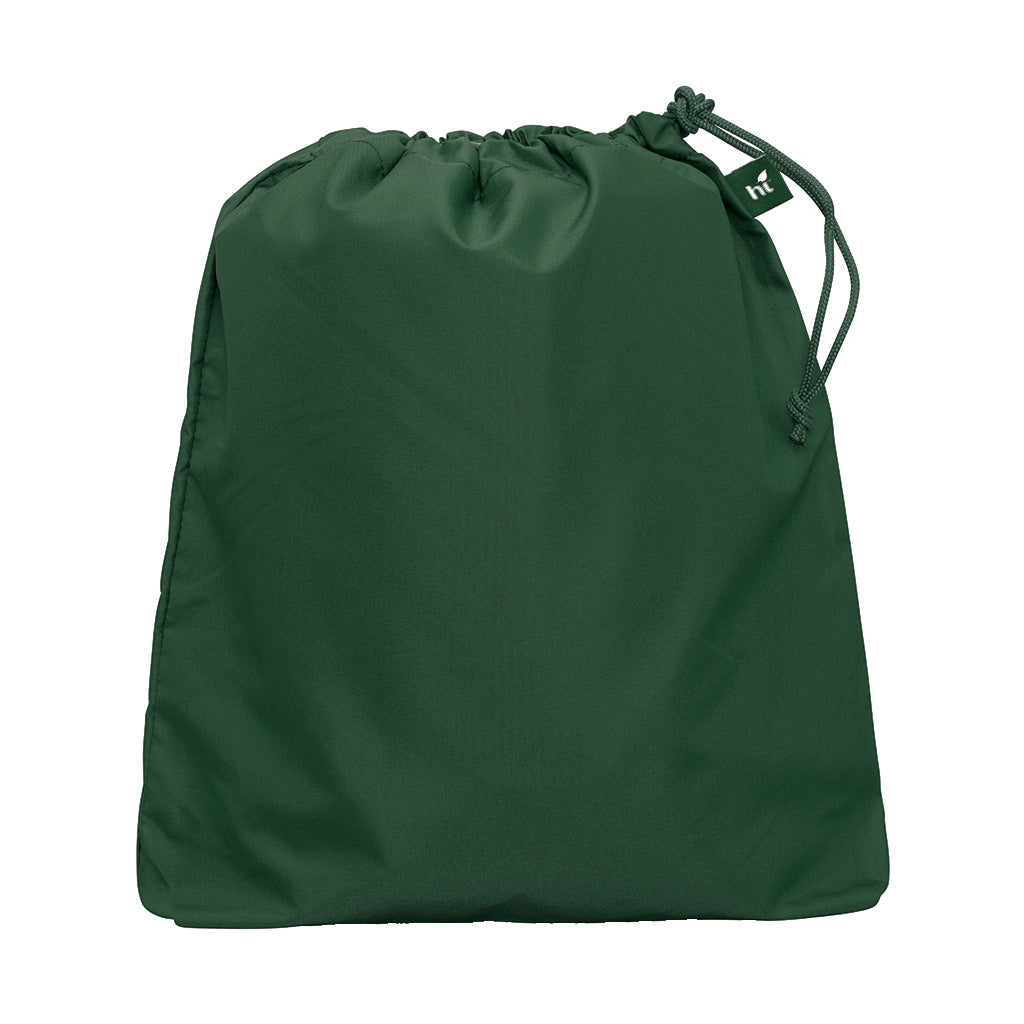 Harlequin eco daycare bag green front angle view displaying drawstring toggle and personalised design