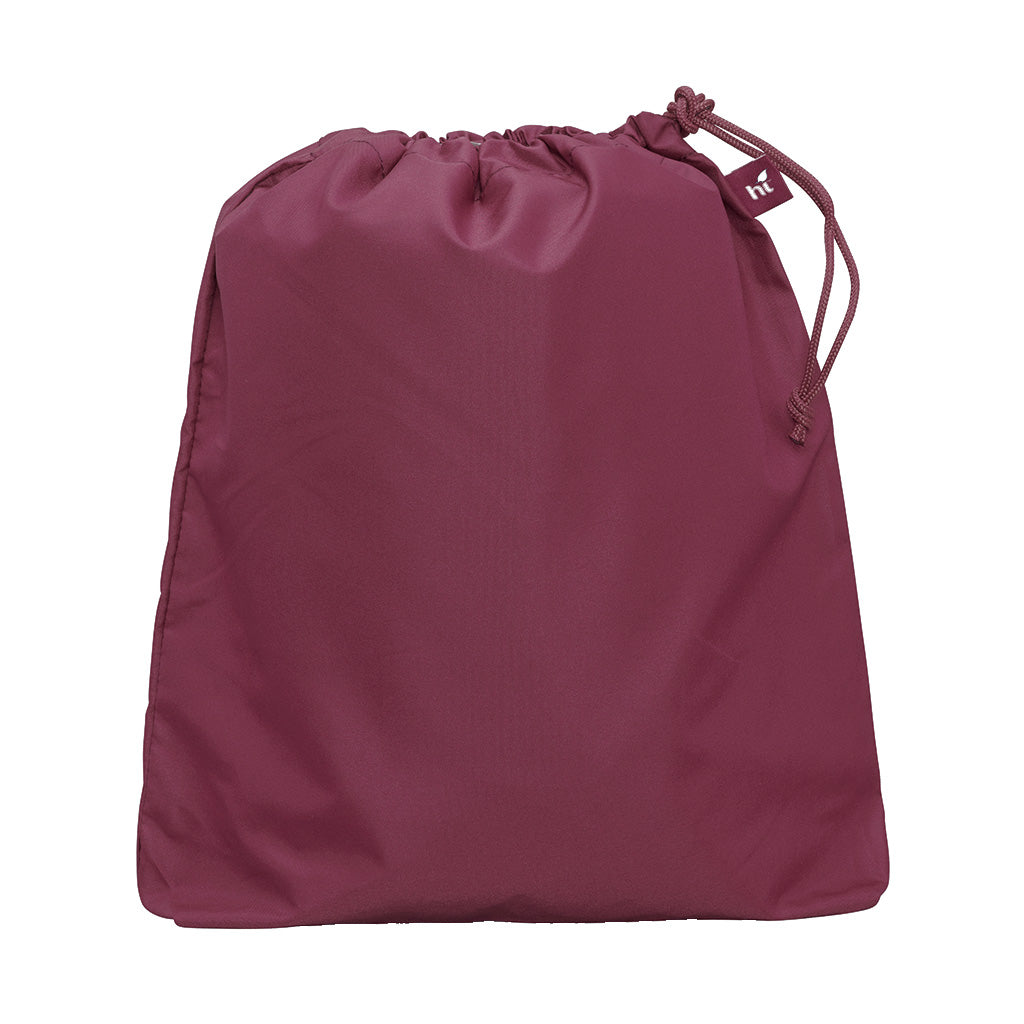 Harlequin maroon eco daycare bag front angle view displaying drawstring toggle and personalised design