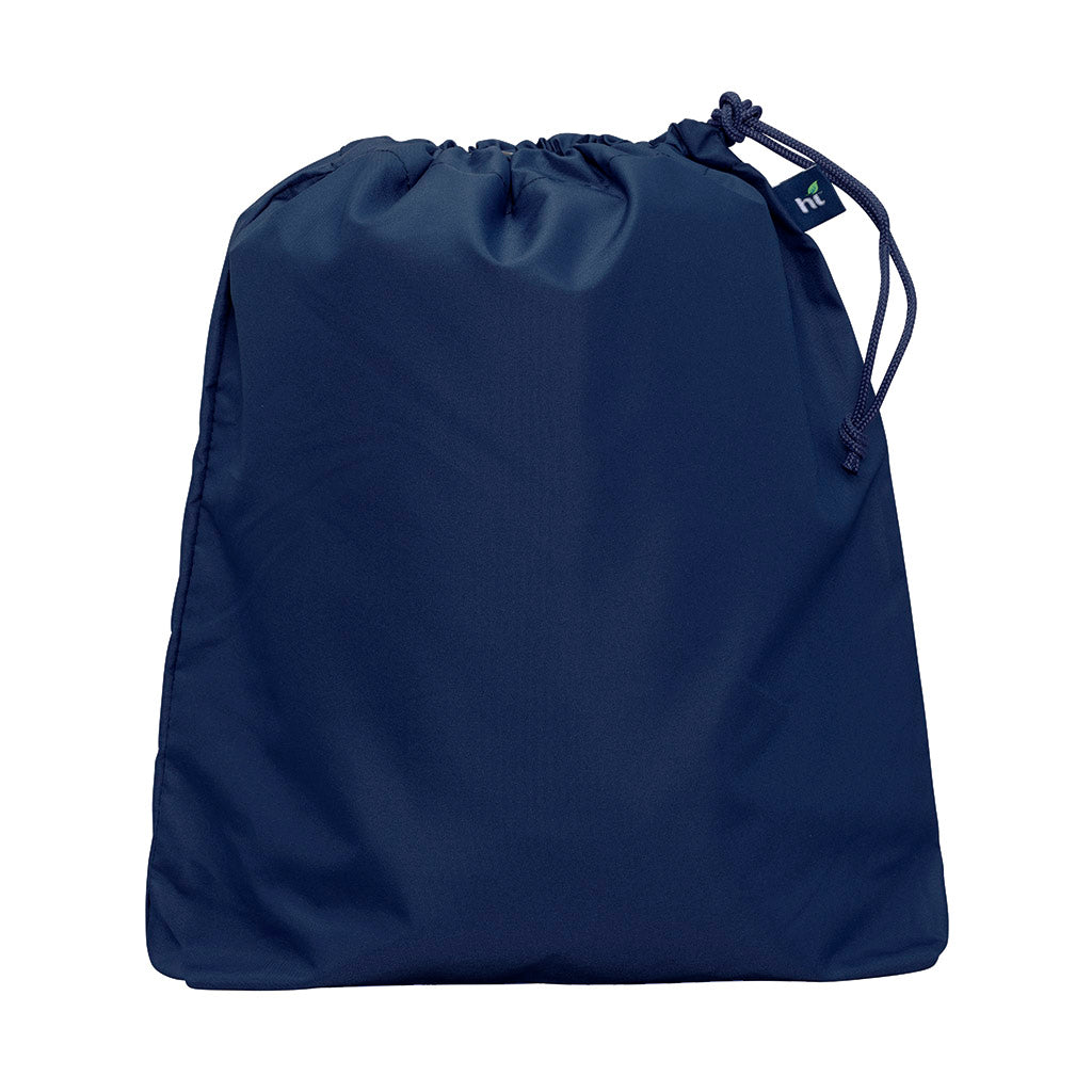 Harlequin navy eco daycare bag front angle view displaying drawstring toggle and personalised design