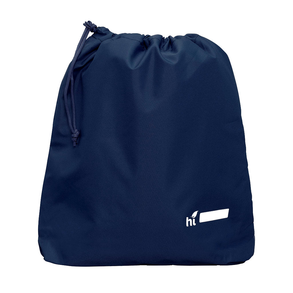 Harlequin navy eco gym bag back angle view displaying drawstring toggle and name bar